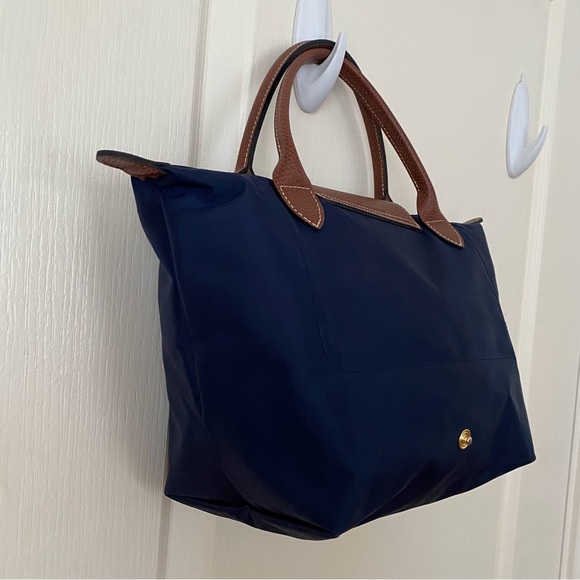 $150 Longchamp Le Pliage Navy Blue Nylon Brown Leather Tote Satchel Bag - Picture 12 of 16